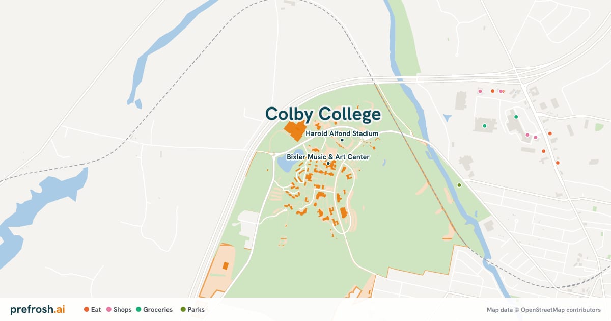 Campus map of Colby College in Waterville, ME, showing Bixler Music & Art Center and Bixler Art and Music Library, with nearby restaurants, coffee and shops