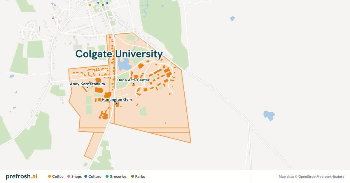 Campus map of Colgate University in Hamilton, NY, showing Huntington Gym, Reid Athletic Center and Base Camp, with nearby restaurants, coffee and shops