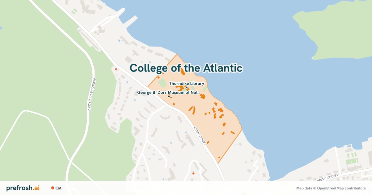 Campus map of College of the Atlantic in Bar Harbor, ME, showing Thorndike Library and George B. Dorr Museum of Natural History, with nearby restaurants, coffee and shops