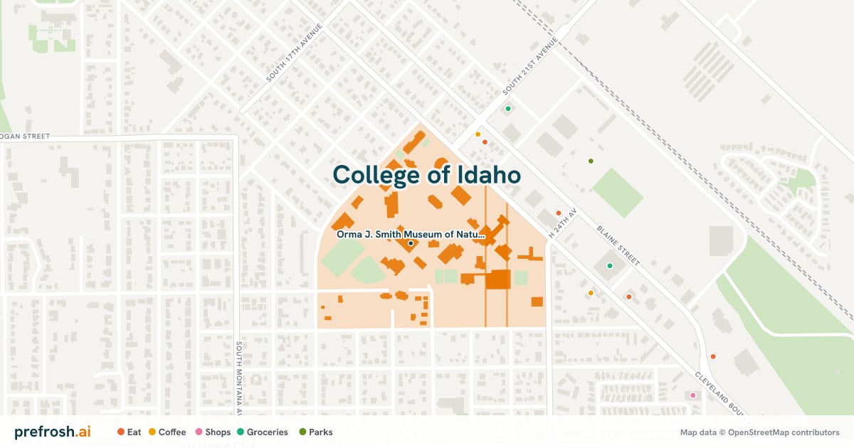 Campus map of College of Idaho in Caldwell, ID, showing Orma J. Smith Museum of Natural History, with nearby restaurants, coffee and shops