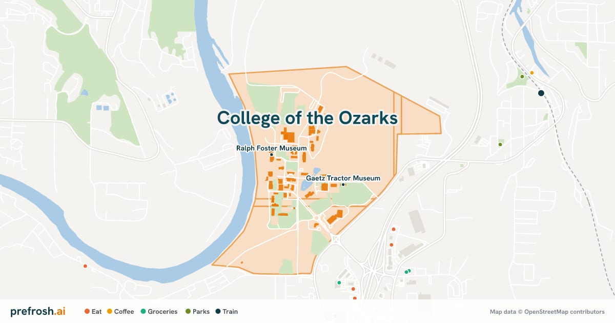 Campus map of College of the Ozarks in Point Lookout, MO, showing Howell W. Keeter Athletic Complex and Ralph Foster Museum, with nearby restaurants, coffee and shops