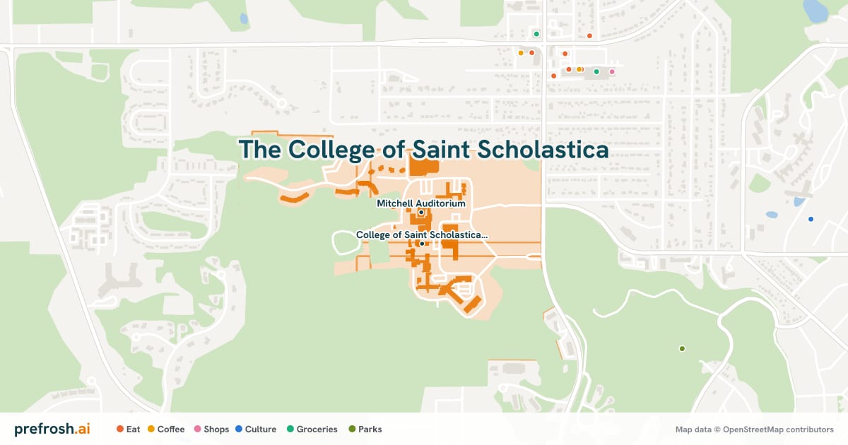 Campus map of The College of Saint Scholastica in Duluth, MN, showing Mitchell Auditorium and College of Saint Scholastica Library, with nearby restaurants, coffee and shops