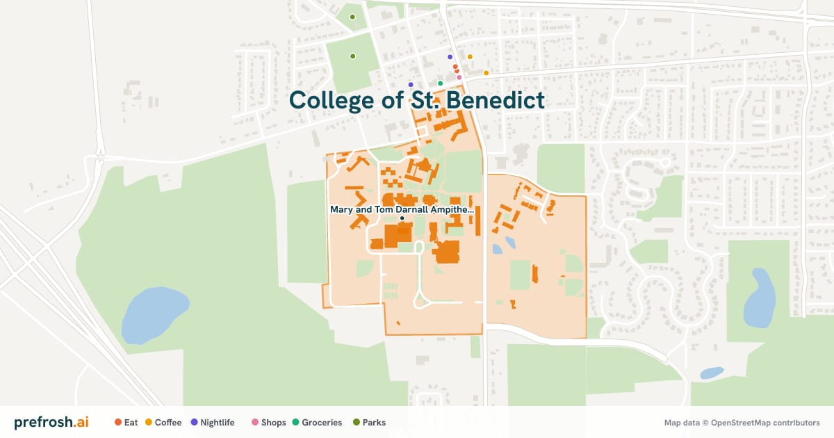 Campus map of College of St. Benedict in St. Joseph, MN, showing Mary and Tom Darnall Ampitheater, with nearby restaurants, coffee and shops