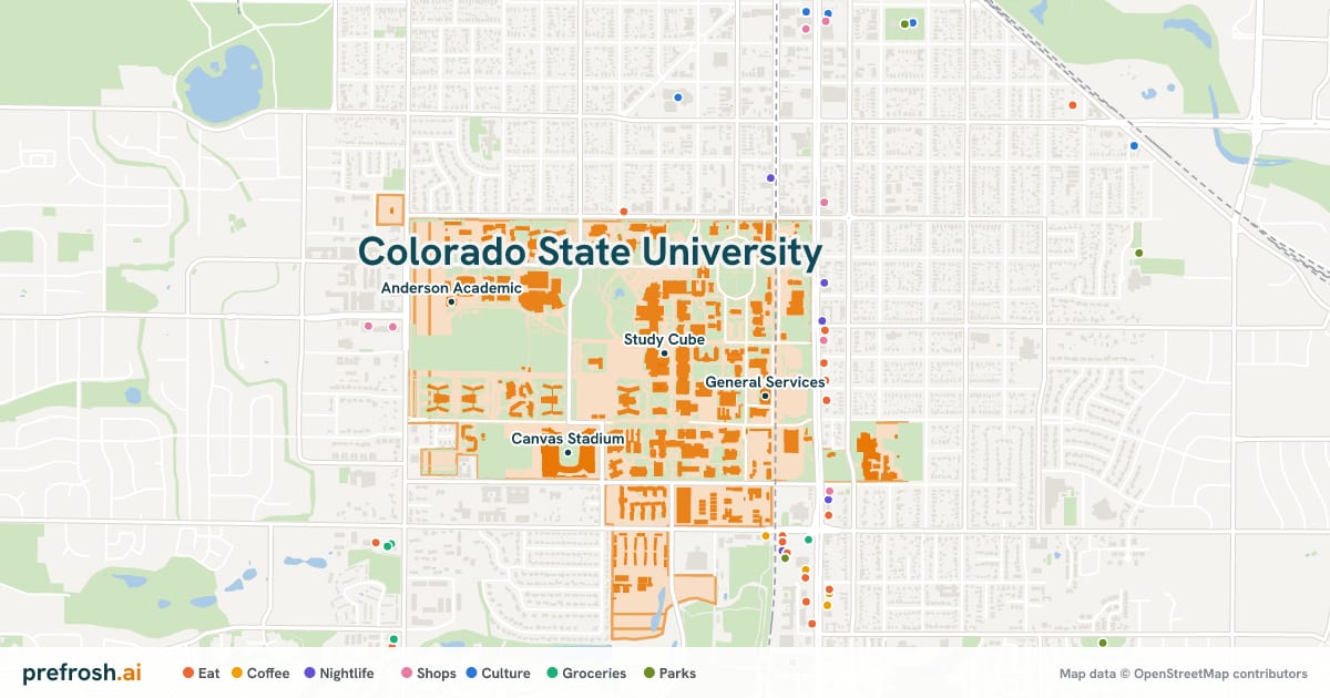 Campus map of Colorado State University in Fort Collins, CO, showing Student Recreation Center, Study Cube, Indoor Practice Facility and Canvas Stadium, with nearby restaurants, coffee and shops