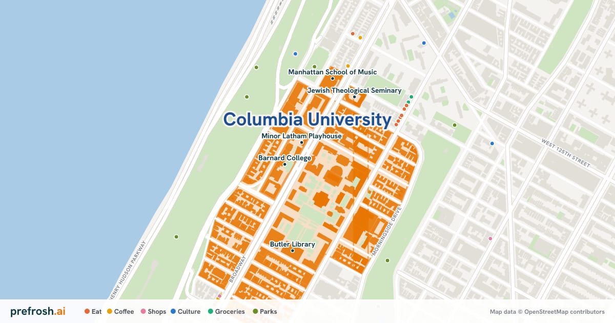 Campus map of Columbia University in New York, NY, showing Minor Latham Playhouse, Barnard College, Milstein Center for Teaching and Learning and Teachers College, with nearby restaurants, coffee and shops
