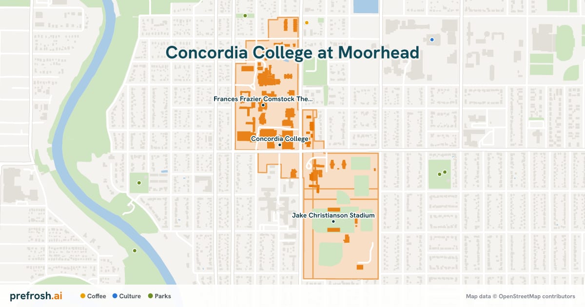 Campus map of Concordia College at Moorhead in Moorhead, MN, showing Concordia College, Memorial Auditorium and Frances Frazier Comstock Theatre, with nearby restaurants, coffee and shops