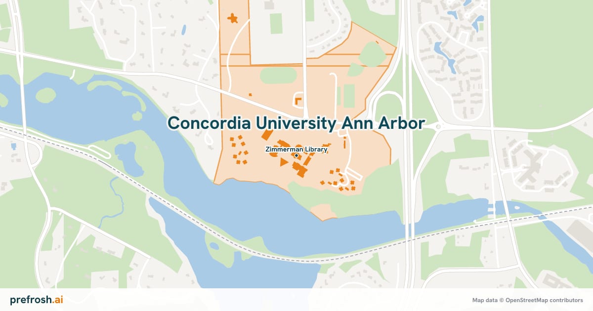 Campus map of Concordia University Ann Arbor in Ann Arbor, MI, showing Zimmerman Library, with nearby restaurants, coffee and shops