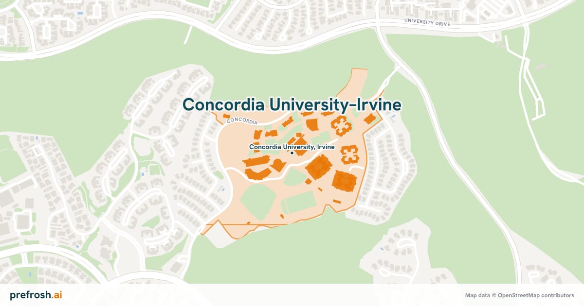 Campus map of Concordia University–Irvine in Irvine, CA, showing Concordia University, Irvine, with nearby restaurants, coffee and shops