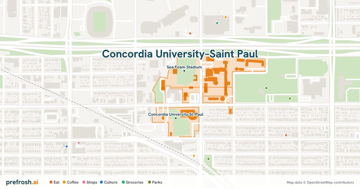 Campus map of Concordia University–Saint Paul in Saint Paul, MN, showing Concordia University St. Paul and Sea Foam Stadium, with nearby restaurants, coffee and shops