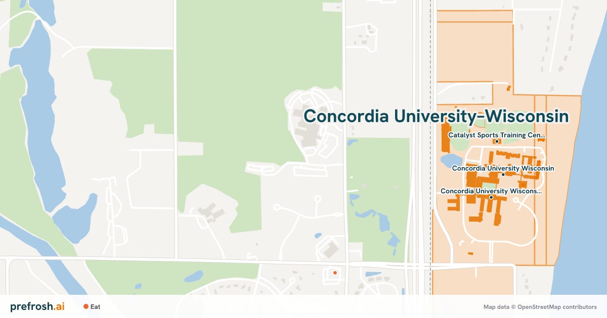 Campus map of Concordia University–Wisconsin in Mequon, WI, showing Catalyst Sports Training Center, Concordia University Wisconsin and R. John Buuck Field House, with nearby restaurants, coffee and shops