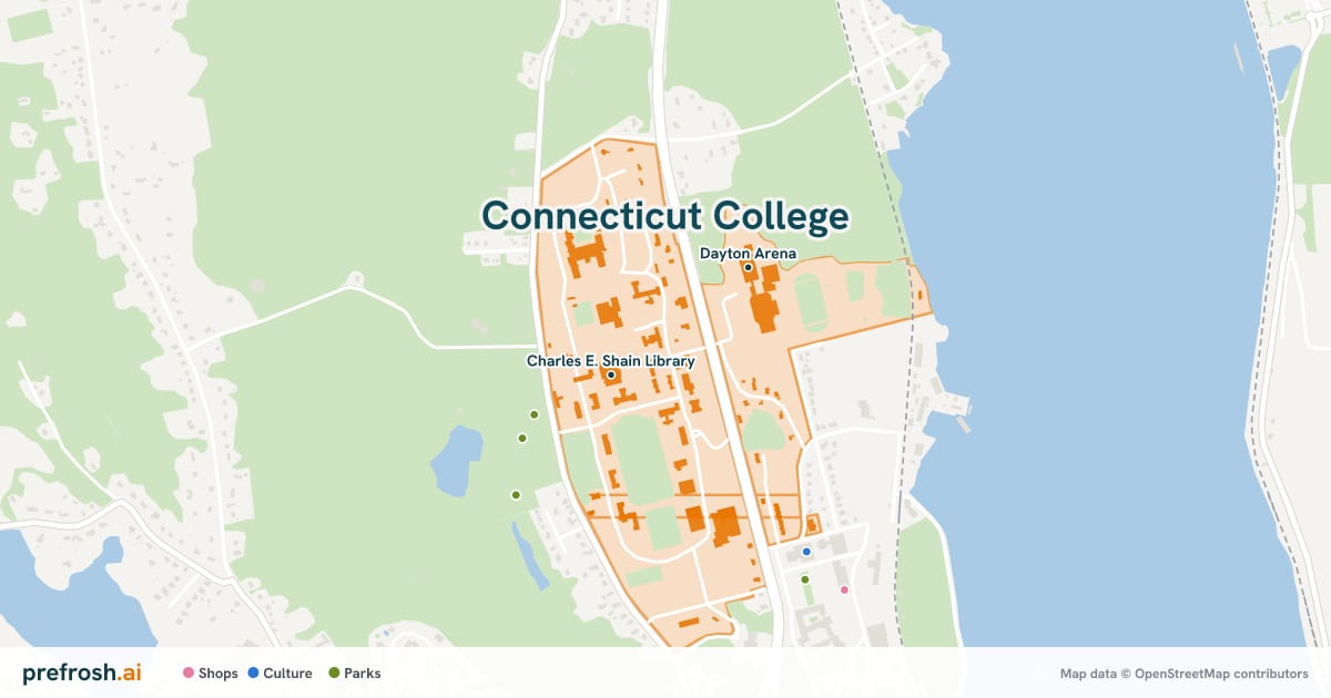Campus map of Connecticut College in New London, CT, showing Charles E. Shain Library and Dayton Arena, with nearby restaurants, coffee and shops