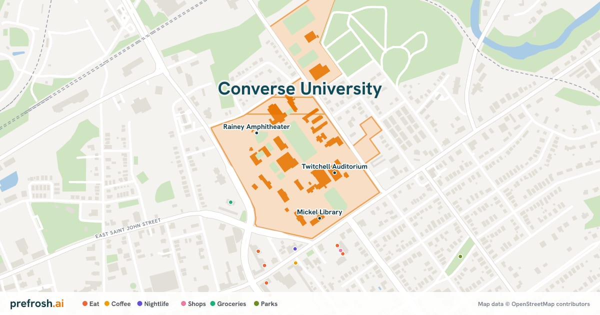 Campus map of Converse University in Spartanburg, SC, showing Twitchell Auditorium, Rainey Amphitheater and Mickel Library, with nearby restaurants, coffee and shops