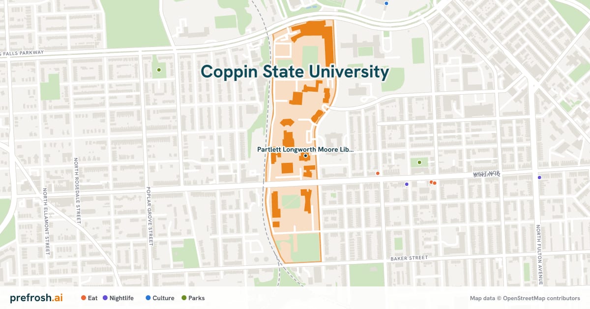 Campus map of Coppin State University in Baltimore, MD, showing Partlett Longworth Moore Library, with nearby restaurants, coffee and shops