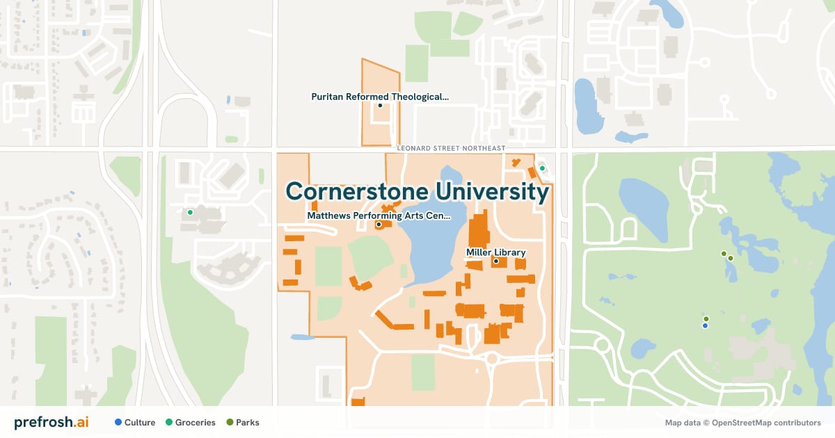 Campus map of Cornerstone University in Grand Rapids, MI, showing Matthews Performing Arts Center, Miller Library and Puritan Reformed Theological Seminary, with nearby restaurants, coffee and shops