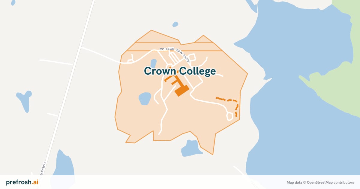Campus map of Crown College in Saint Bonifacius, MN, with nearby restaurants, coffee and shops
