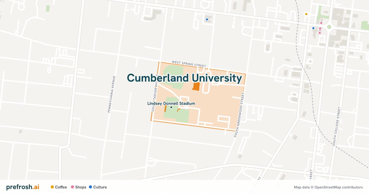 Campus map of Cumberland University in Lebanon, TN, showing Lindsey Donnell Stadium, with nearby restaurants, coffee and shops
