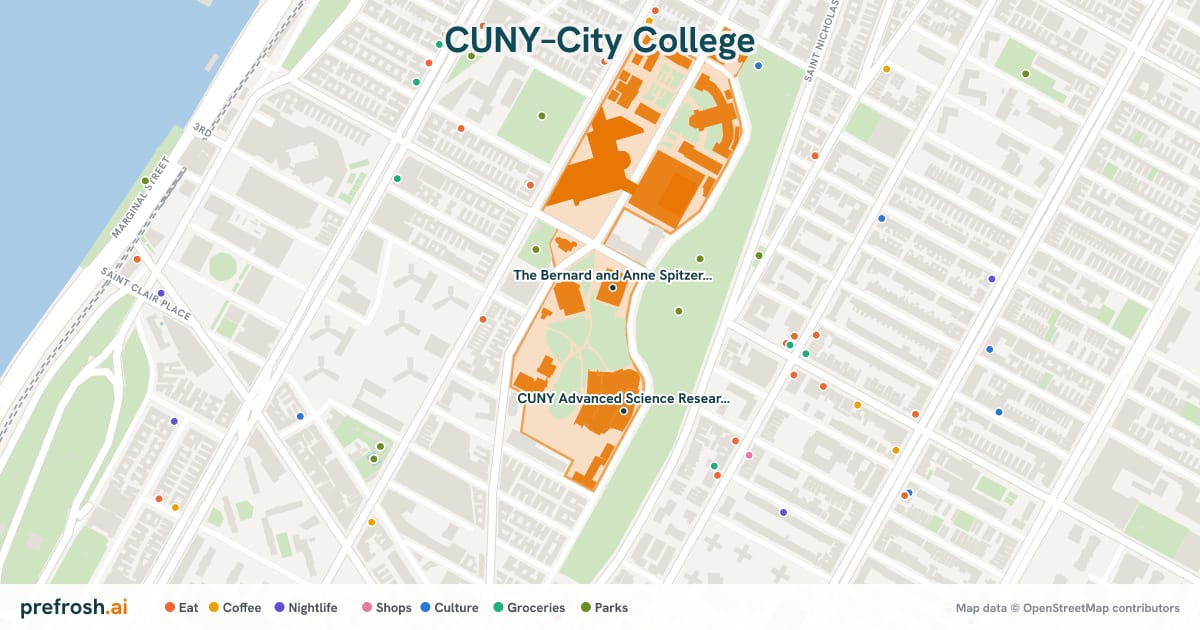 Campus map of CUNY–City College in New York, NY, showing The Bernard and Anne Spitzer School of Architecture and Aaron Davis Hall, with nearby restaurants, coffee and shops