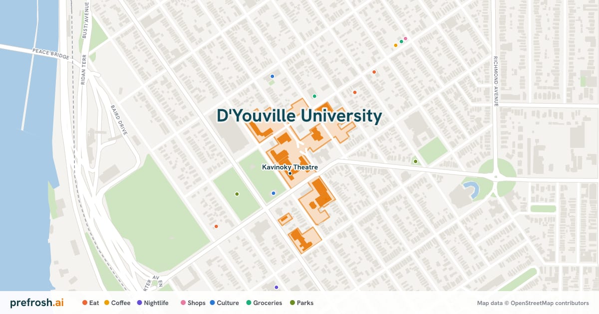 Campus map of D'Youville University in Buffalo, NY, showing Kavinoky Theatre, with nearby restaurants, coffee and shops