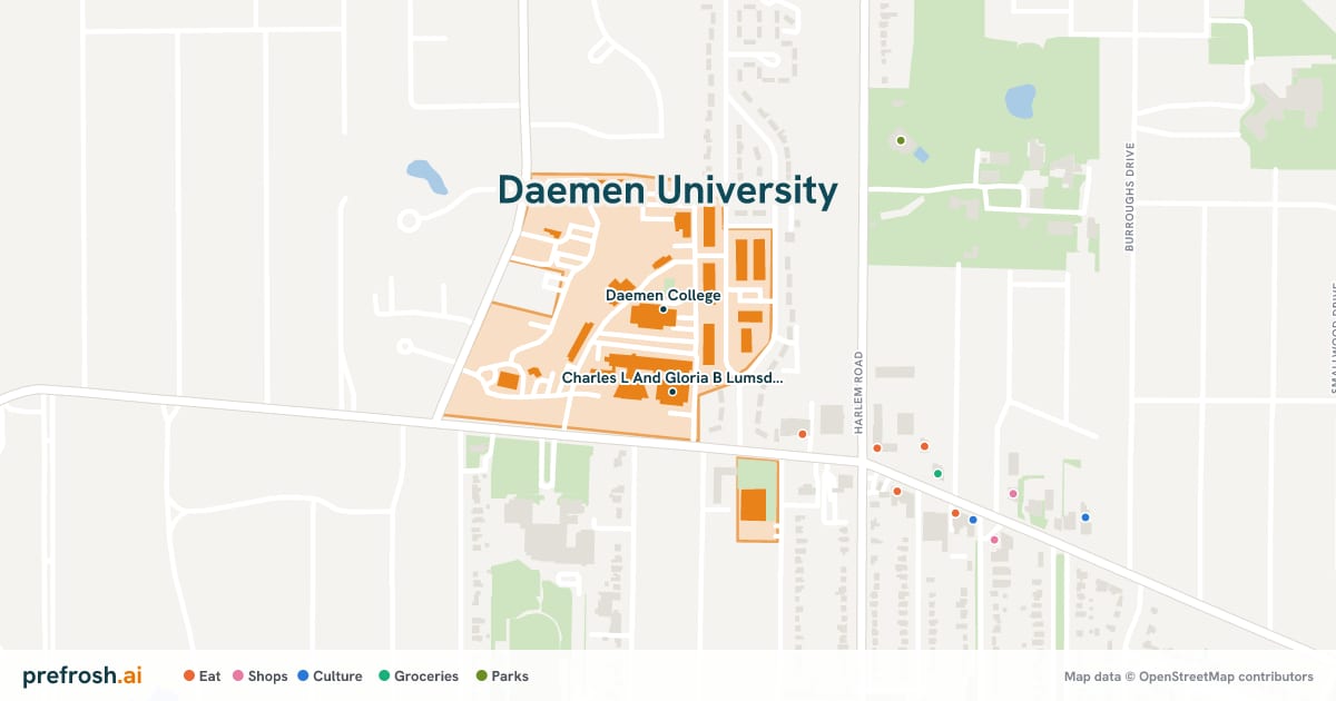 Campus map of Daemen University in Amherst, NY, showing Daemen College and Charles L And Gloria B Lumsden Gymnasium, with nearby restaurants, coffee and shops