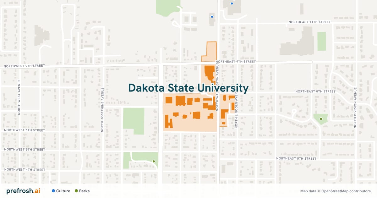 Campus map of Dakota State University in Madison, SD, showing Karl E. Mundt Library and Smith Zimmermann Museum, with nearby restaurants, coffee and shops
