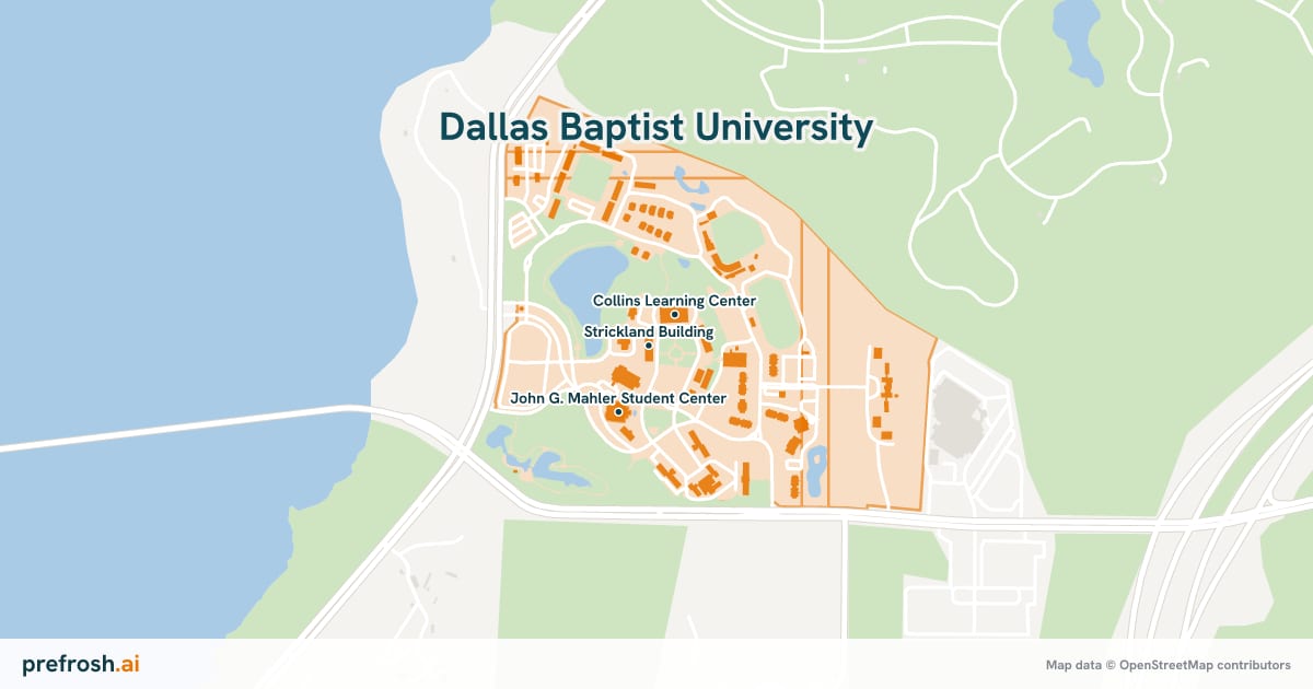 Campus map of Dallas Baptist University in Dallas, TX, showing Strickland Building, DBU Graduate Affairs and Counseling Center, with nearby restaurants, coffee and shops