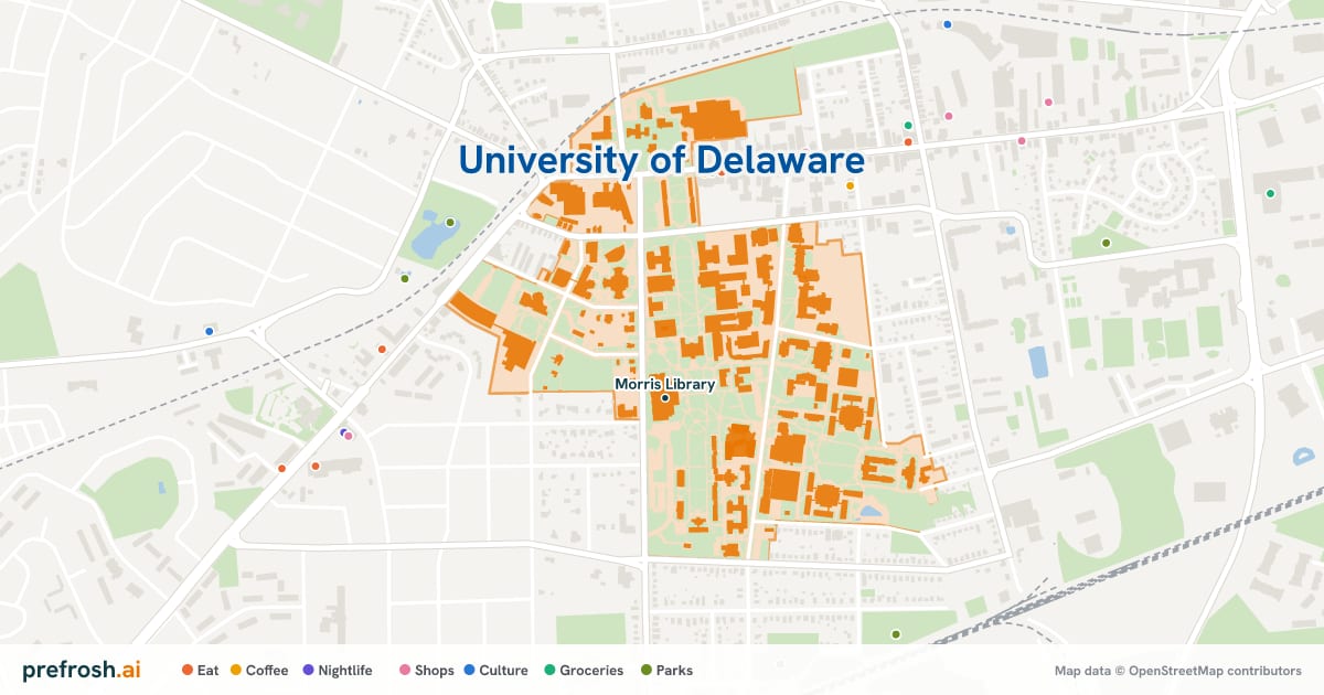 Campus map of University of Delaware in Newark, DE, showing Morris Library, with nearby restaurants, coffee and shops