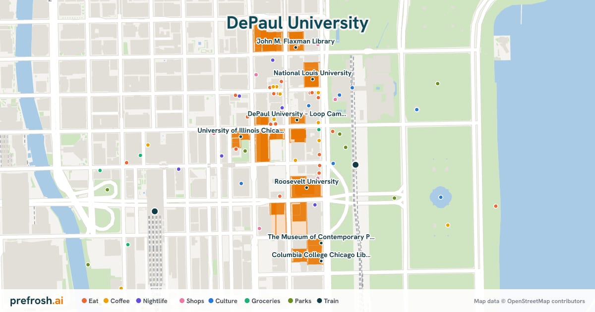 Campus map of DePaul University in Chicago, IL, showing Roosevelt University, Auditorium Theatre, DePaul University – Loop Campus and University of Illinois Chicago School of Law, with nearby restaurants, coffee and shops