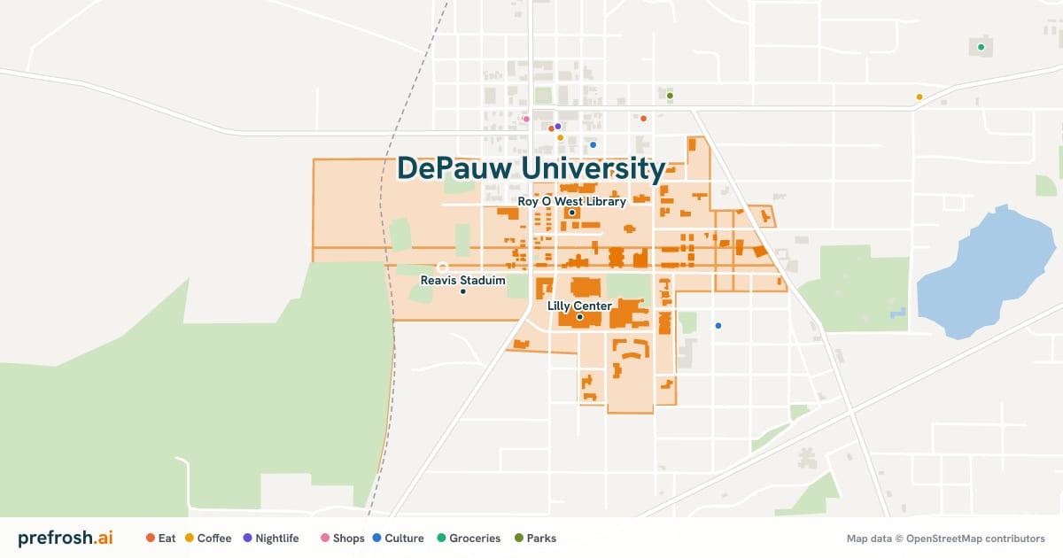 Campus map of DePauw University in Greencastle, IN, showing Lilly Center, Reavis Staduim and Roy O West Library, with nearby restaurants, coffee and shops