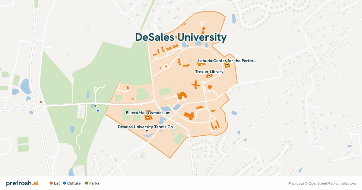 Campus map of DeSales University in Center Valley, PA, showing Trexler Library, Billera Hall Gymnasium, Desales University Tennis Courts and Labuda Center for the Performing Arts, with nearby restaurants, coffee and shops