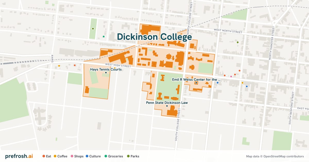 Campus map of Dickinson College in Carlisle, PA, showing Penn State Dickinson Law, Emil R Weiss Center for the Arts and Hays Tennis Courts, with nearby restaurants, coffee and shops