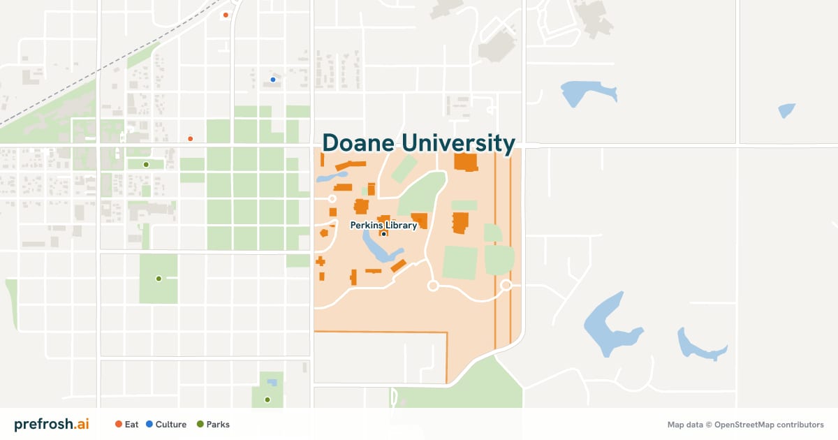 Campus map of Doane University in Crete, NE, showing Perkins Library, with nearby restaurants, coffee and shops