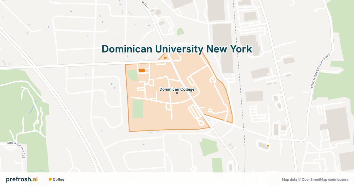 Campus map of Dominican University New York in Orangeburg, NY, showing Dominican College, with nearby restaurants, coffee and shops