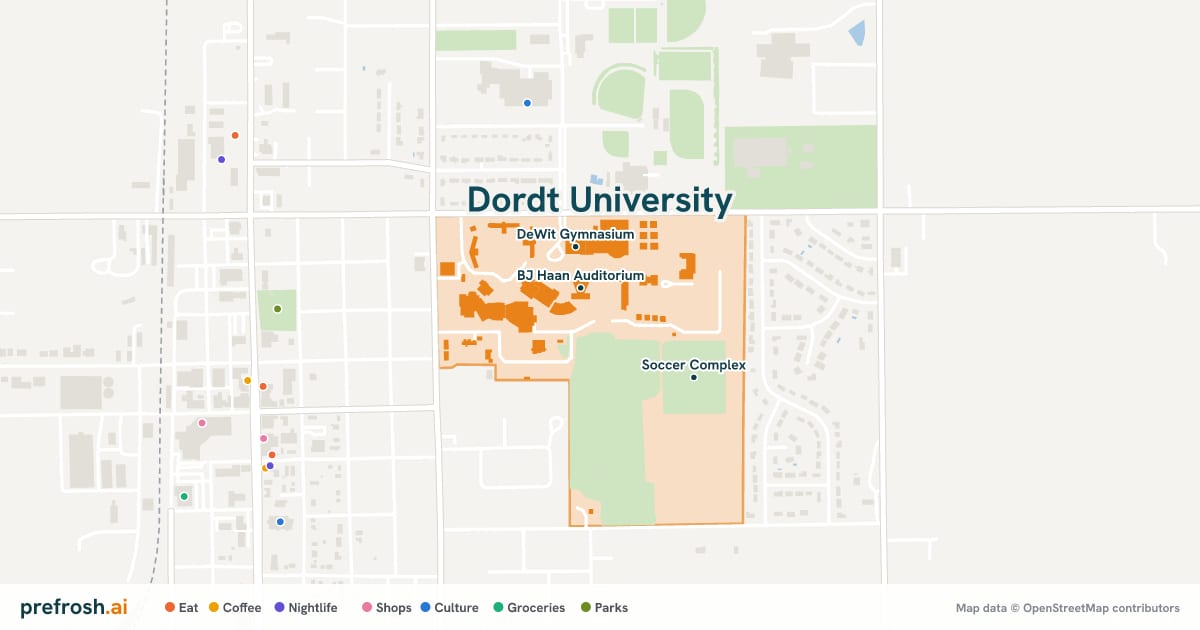 Campus map of Dordt University in Sioux Center, IA, showing BJ Haan Auditorium, DeWit Gymnasium and Hulst Library, with nearby restaurants, coffee and shops