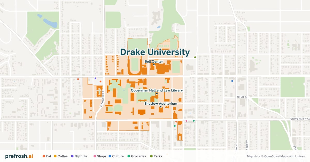 Campus map of Drake University in Des Moines, IA, showing Opperman Hall and Law Library, Bell Center and Henry G. Harmon Fine Arts Center, with nearby restaurants, coffee and shops
