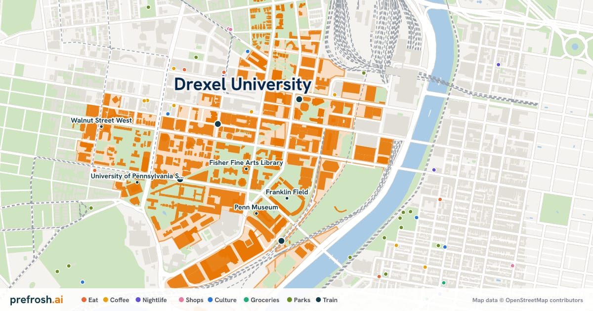 Campus map of Drexel University in Philadelphia, PA, showing Fisher Fine Arts Library, Irvine Auditorium, University of Pennsylvania and Penn Museum, with nearby restaurants, coffee and shops