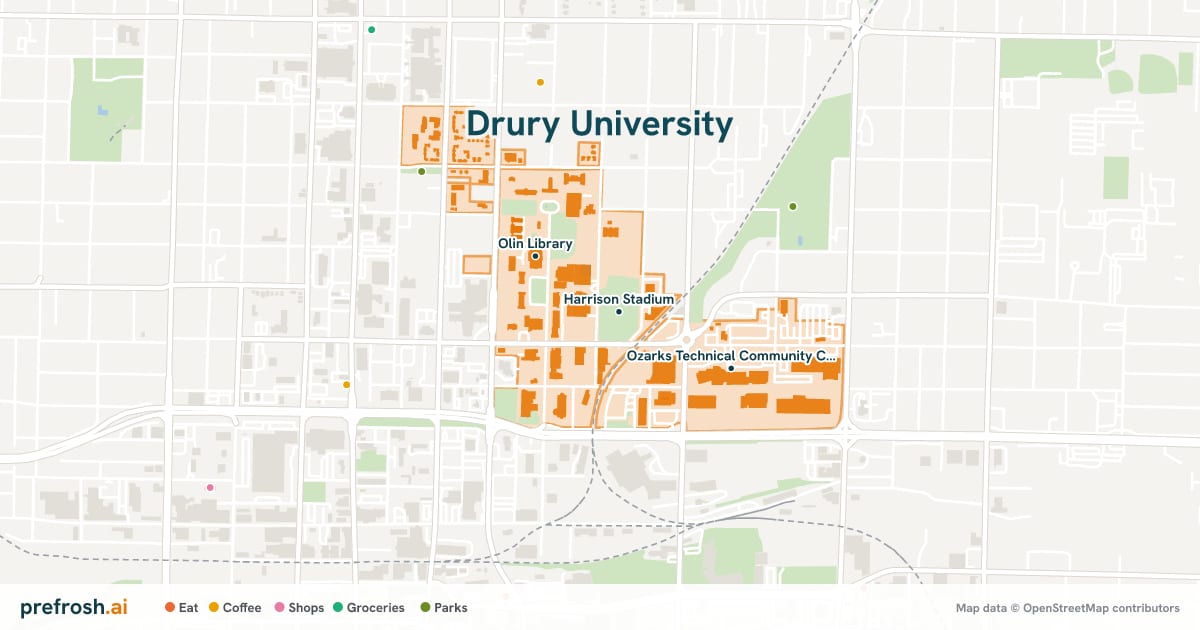 Campus map of Drury University in Springfield, MO, showing Harrison Stadium, O'Reilly Family Event Center and Wilhoit Theatre, with nearby restaurants, coffee and shops