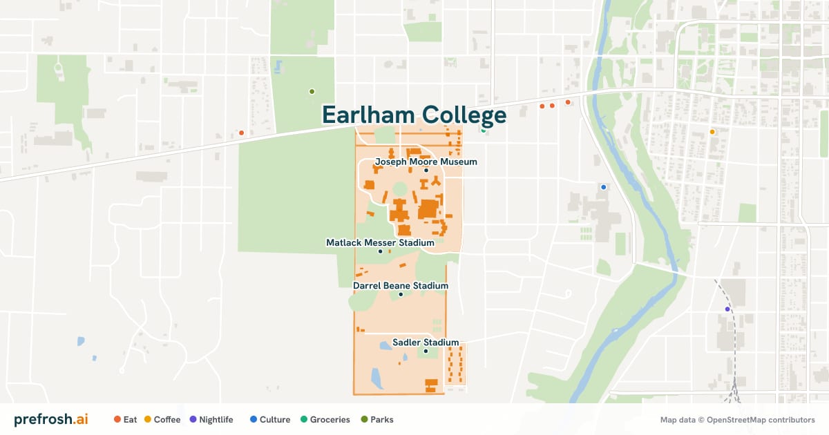 Campus map of Earlham College in Richmond, IN, showing Matlack Messer Stadium, Joseph Moore Museum, Chase Stage and Darrel Beane Stadium, with nearby restaurants, coffee and shops