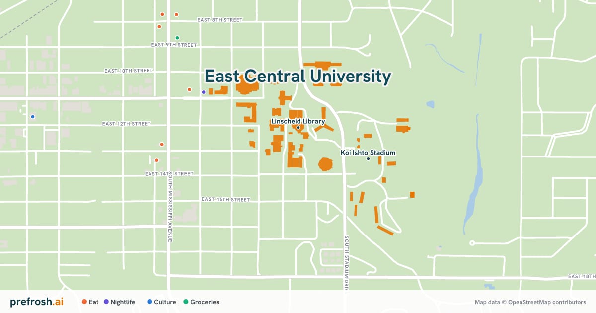 Campus map of East Central University in Ada, OK, showing Linscheid Library and Koi Ishto Stadium, with nearby restaurants, coffee and shops