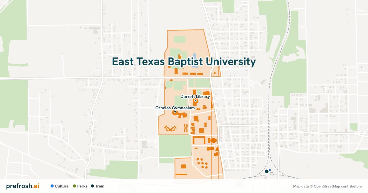 Campus map of East Texas Baptist University in Marshall, TX, showing Jarrett Library and Ornelas Gymnasium, with nearby restaurants, coffee and shops