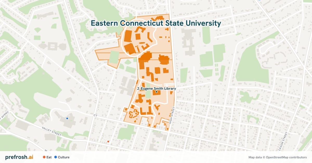 Campus map of Eastern Connecticut State University in Willimantic, CT, showing J. Eugene Smith Library, with nearby restaurants, coffee and shops