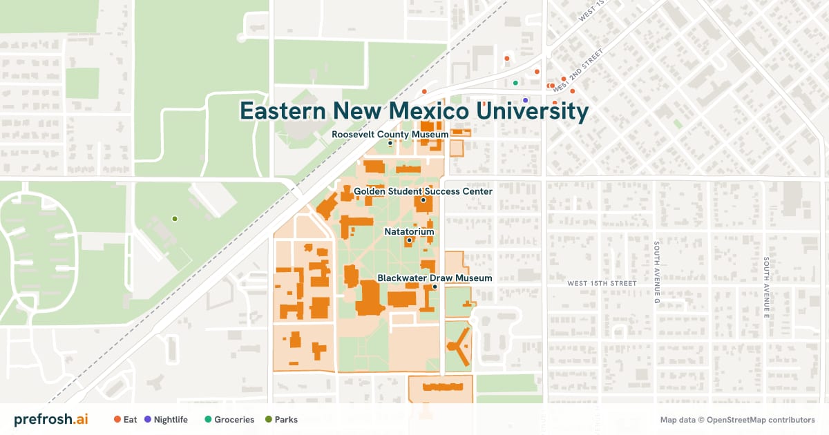 Campus map of Eastern New Mexico University in Portales, NM, showing Golden Student Success Center, Natatorium, Blackwater Draw Museum and Roosevelt County Museum, with nearby restaurants, coffee and shops