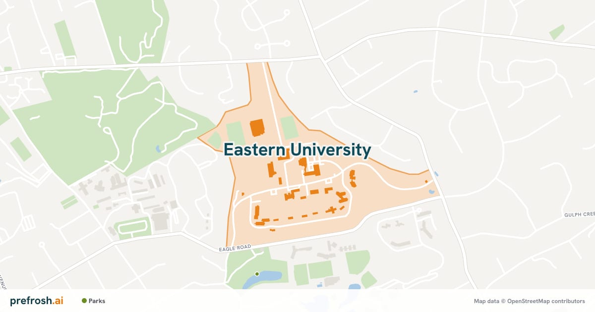 Campus map of Eastern University in Saint Davids, PA, showing Villanova University Cabrini Campus, with nearby restaurants, coffee and shops