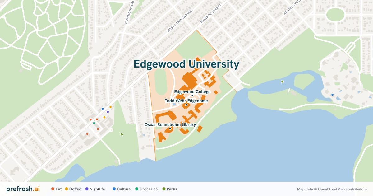Campus map of Edgewood University in Madison, WI, showing Edgewood College, Todd Wehr Edgedome and Oscar Rennebohm Library, with nearby restaurants, coffee and shops