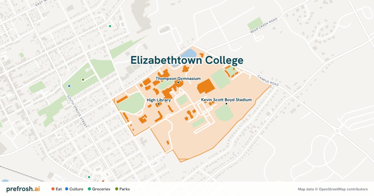 Campus map of Elizabethtown College in Elizabethtown, PA, showing Thompson Gymnasium, High Library and Kevin Scott Boyd Stadium, with nearby restaurants, coffee and shops