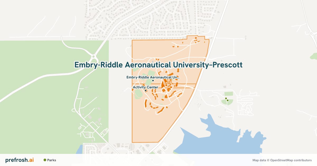 Campus map of Embry-Riddle Aeronautical University–Prescott in Prescott, AZ, showing Embry-Riddle Aeronautical University and Activity Center, with nearby restaurants, coffee and shops