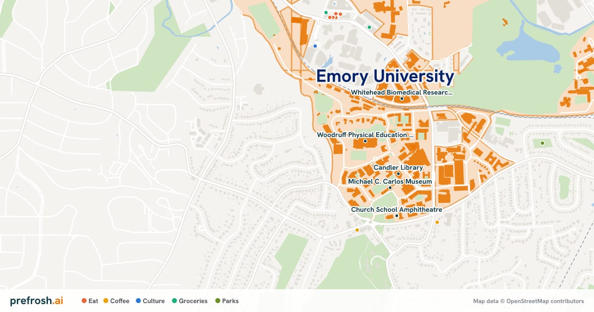 Campus map of Emory University in Atlanta, GA, showing Candler Library, Woodruff Physical Education Center, Michael C. Carlos Museum and Robert W. Woodruff Library, with nearby restaurants, coffee and shops