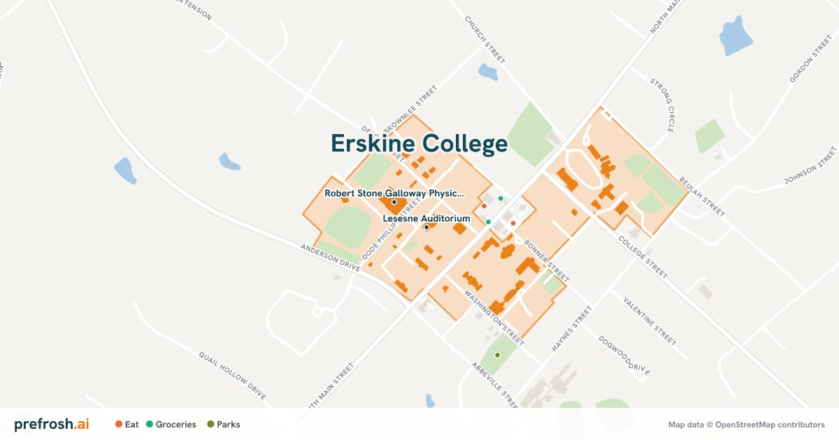 Campus map of Erskine College in Due West, SC, showing Lesesne Auditorium and Robert Stone Galloway Physical Activities Center, with nearby restaurants, coffee and shops