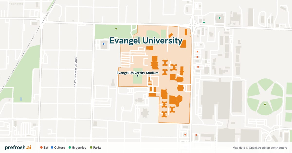 Campus map of Evangel University in Springfield, MO, showing Evangel University Stadium, with nearby restaurants, coffee and shops