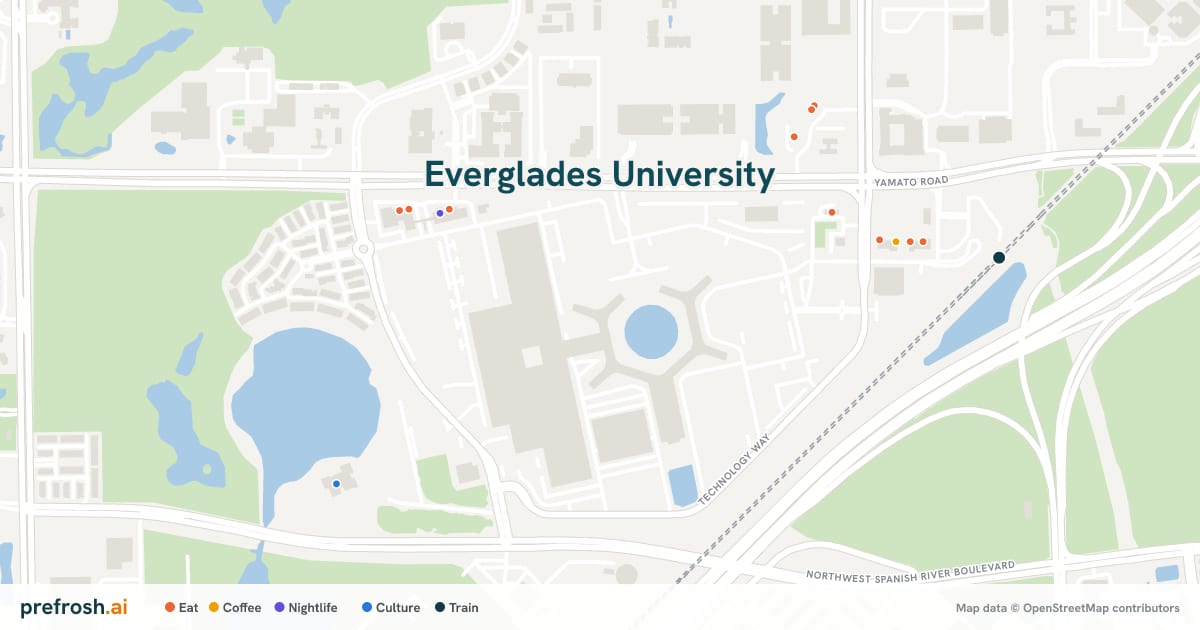 Campus map of Everglades University in Boca Raton, FL, with nearby restaurants, coffee and shops