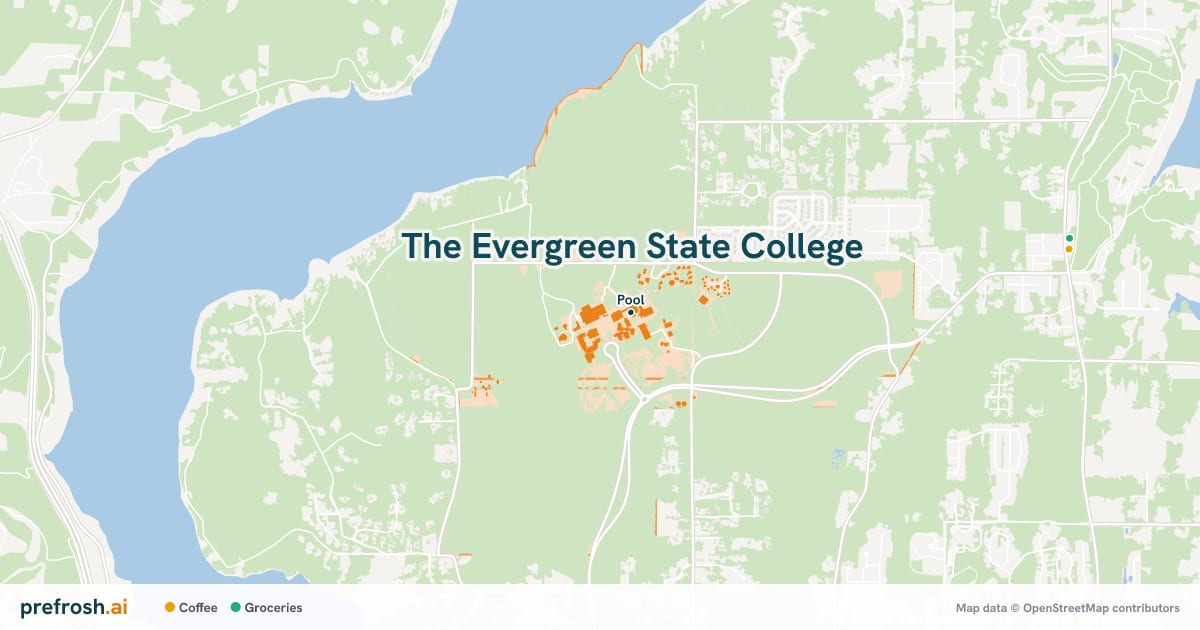 Campus map of The Evergreen State College in Olympia, WA, showing Pool, with nearby restaurants, coffee and shops
